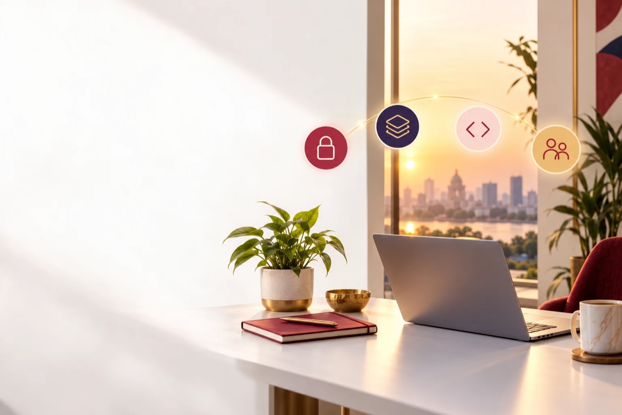 Illustration: a sunlit office desk with a laptop and a city view, with four floating icons for privacy, standards, software and people.