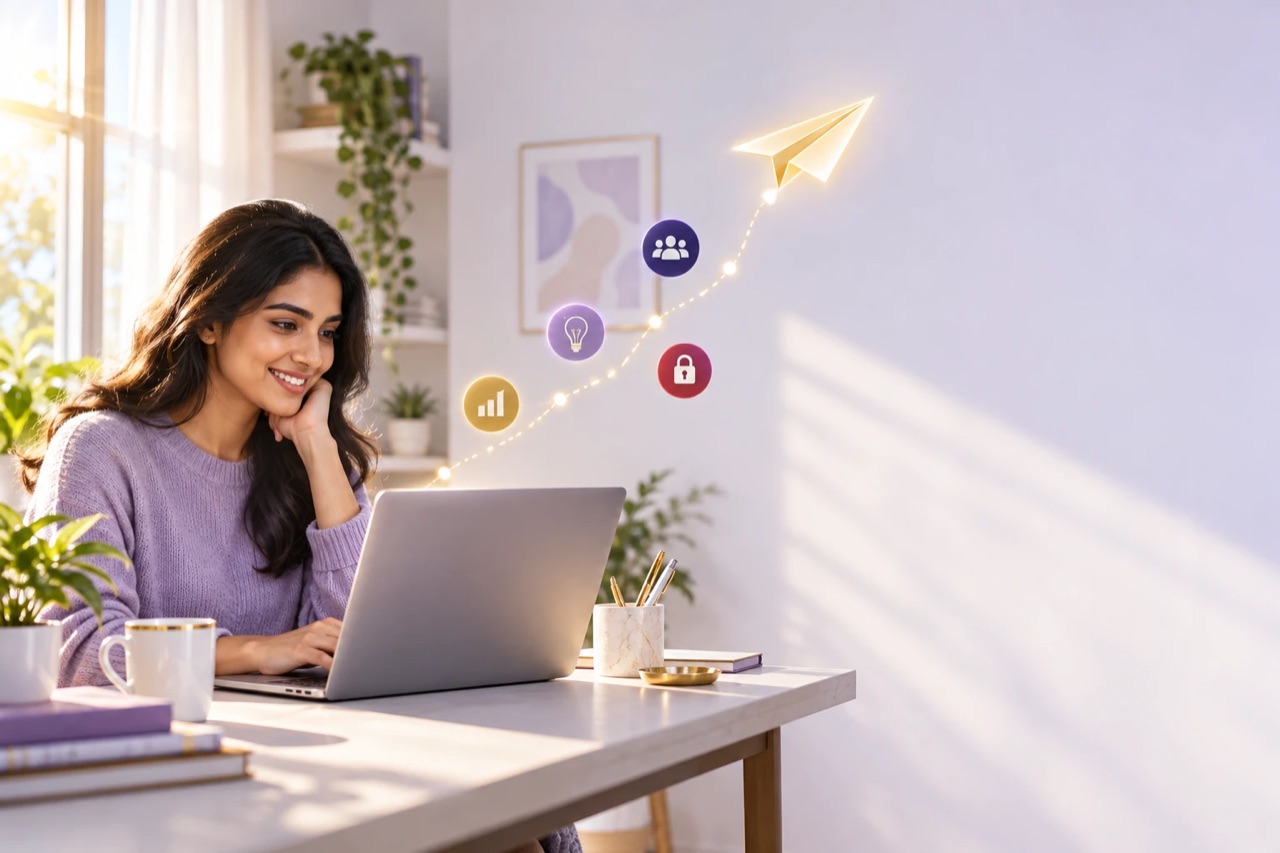 Illustration: a smiling woman at her laptop sends her profile as a paper plane past skill badges.
