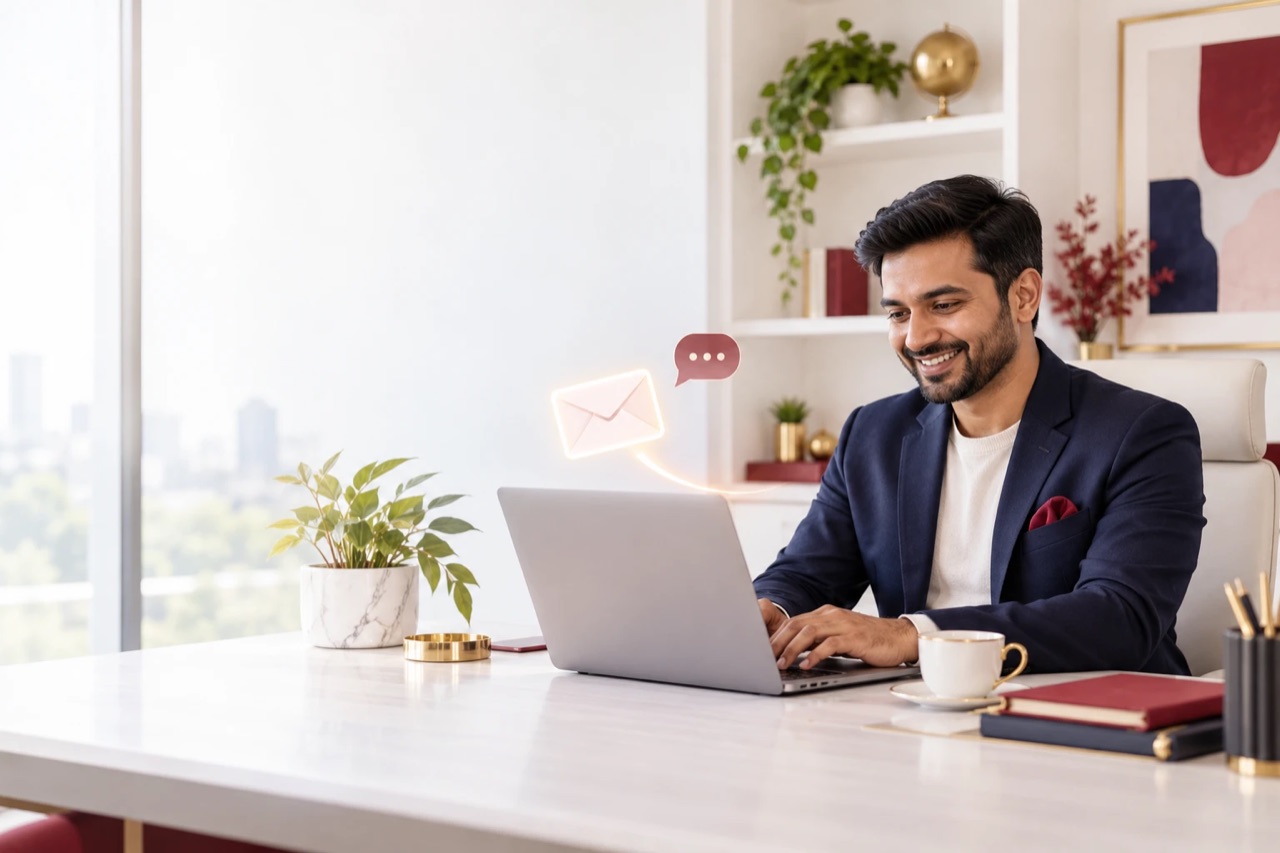 Illustration: a man at his laptop sends a message, with an envelope and a chat bubble floating beside him.