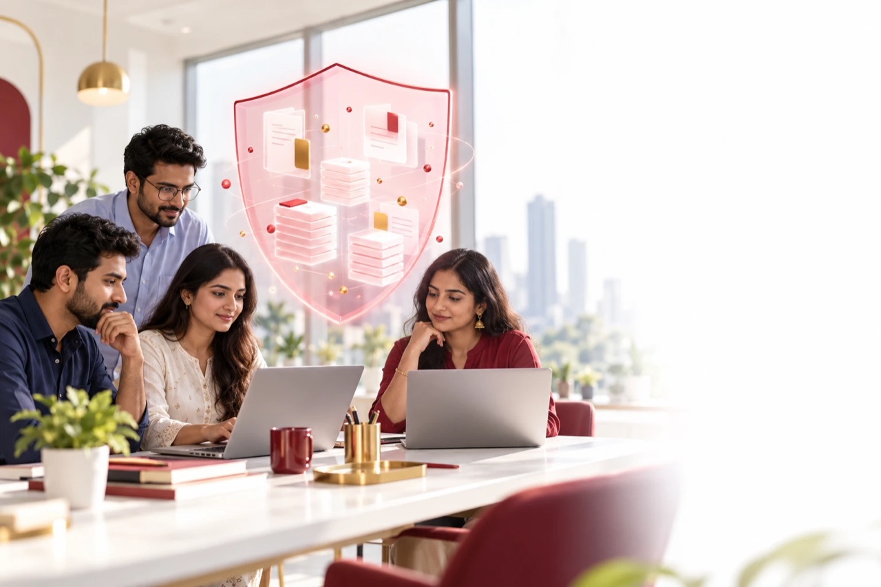 Illustration: four colleagues at laptops in a bright office, beside a red shield that holds stacked documents.