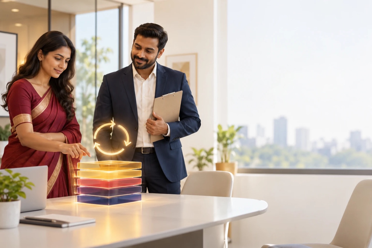 Illustration: two colleagues in an office beside a glowing stack of layers with a turning improvement arrow.