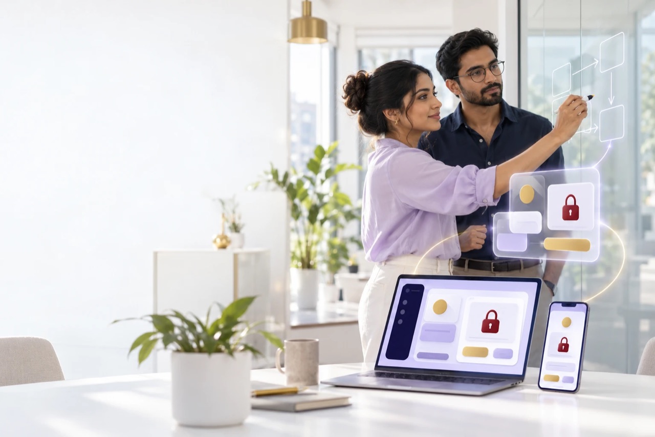 Illustration: two colleagues sketch an app on a glass board, next to a laptop and a phone that show a padlock.