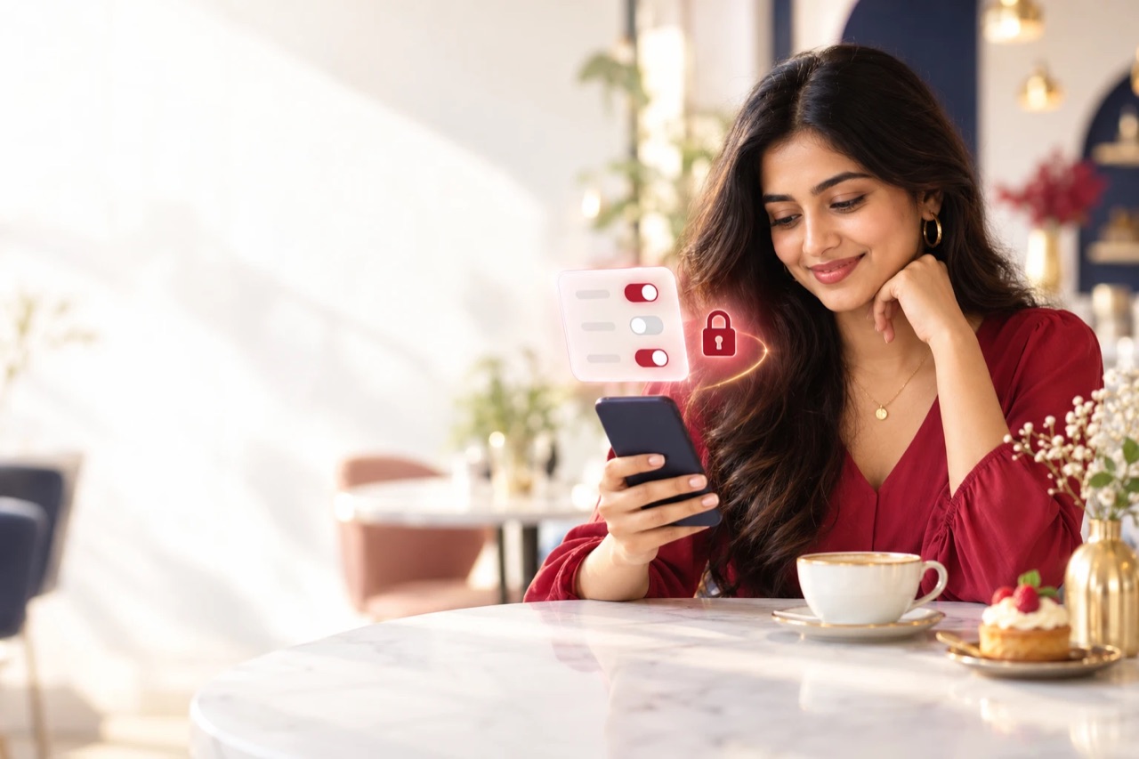 Illustration: a woman in a café checks privacy choices on her phone, with on and off switches and a padlock.