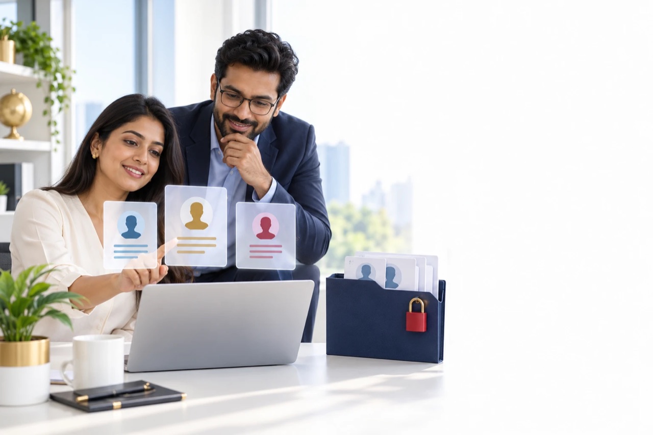 Illustration: a recruiter and a hiring manager review three candidate profile cards beside a locked folder.